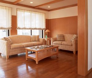 Preview wallpaper living room, interior, sofas, desks, curtains