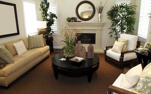 Preview wallpaper living room, sofa, chair, table, fireplace, flowers, mirror