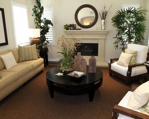 Preview wallpaper living room, sofa, chair, table, fireplace, flowers, mirror