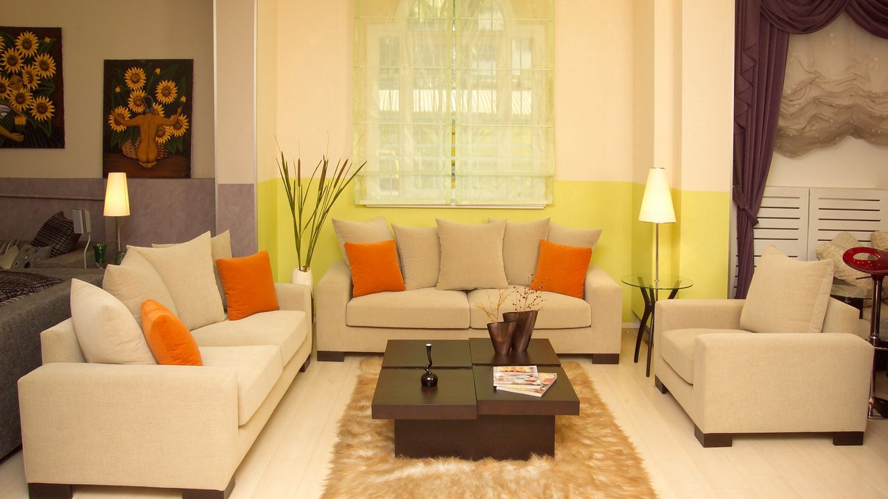 Wallpaper living room, sofa, cushion, style, interior