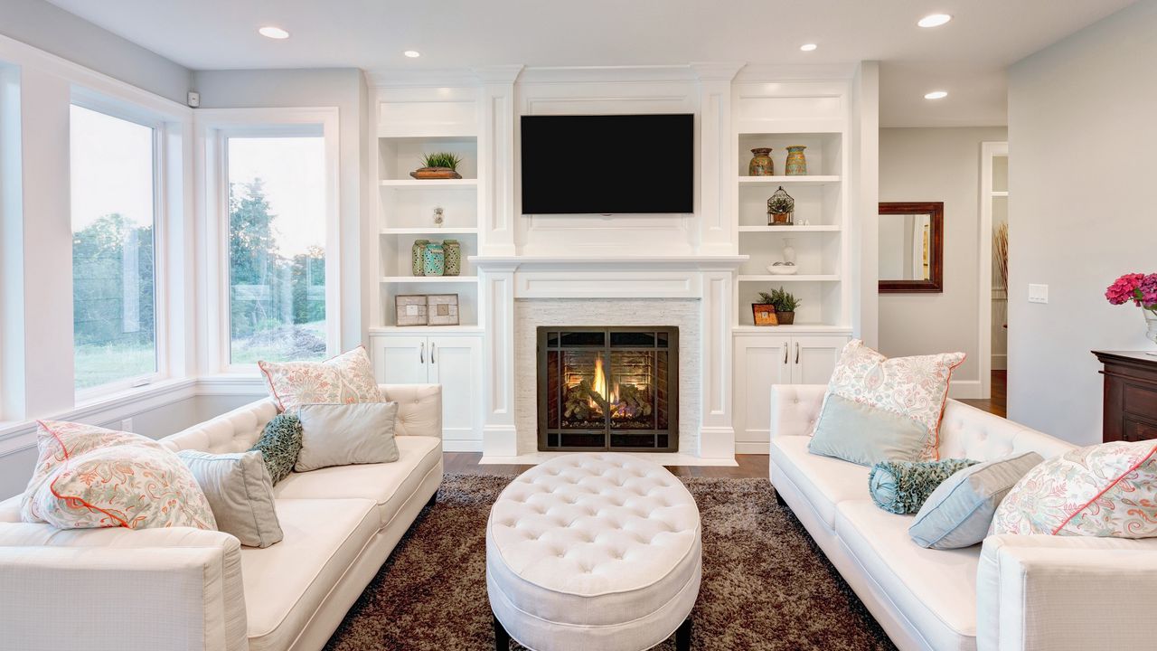 Wallpaper living room, sofas, furniture, cabinets, interior