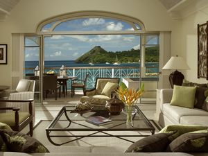 Preview wallpaper living room, villa, sofas, tables, view, ocean, interior