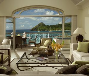 Preview wallpaper living room, villa, sofas, tables, view, ocean, interior