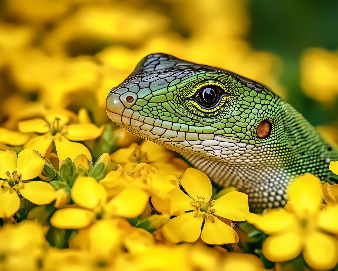 1280x1024 Wallpaper lizard, reptile, flowers, bright, wildlife