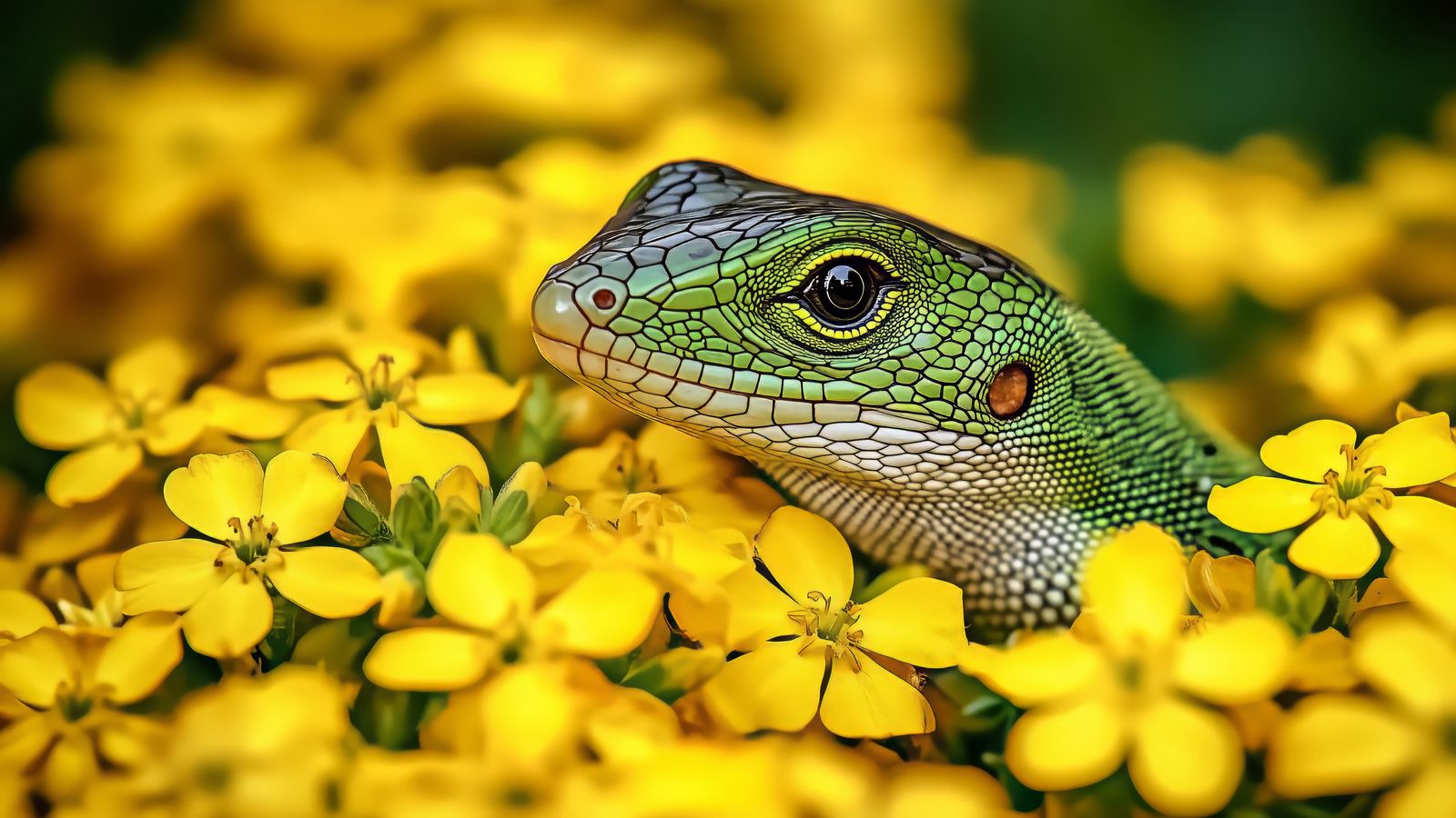 1600x900 Wallpaper lizard, reptile, flowers, bright, wildlife