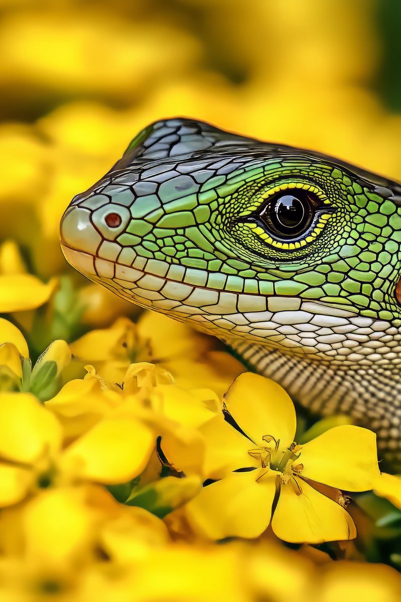 800x1200 Wallpaper lizard, reptile, flowers, bright, wildlife