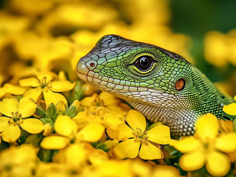 800x600 Wallpaper lizard, reptile, flowers, bright, wildlife