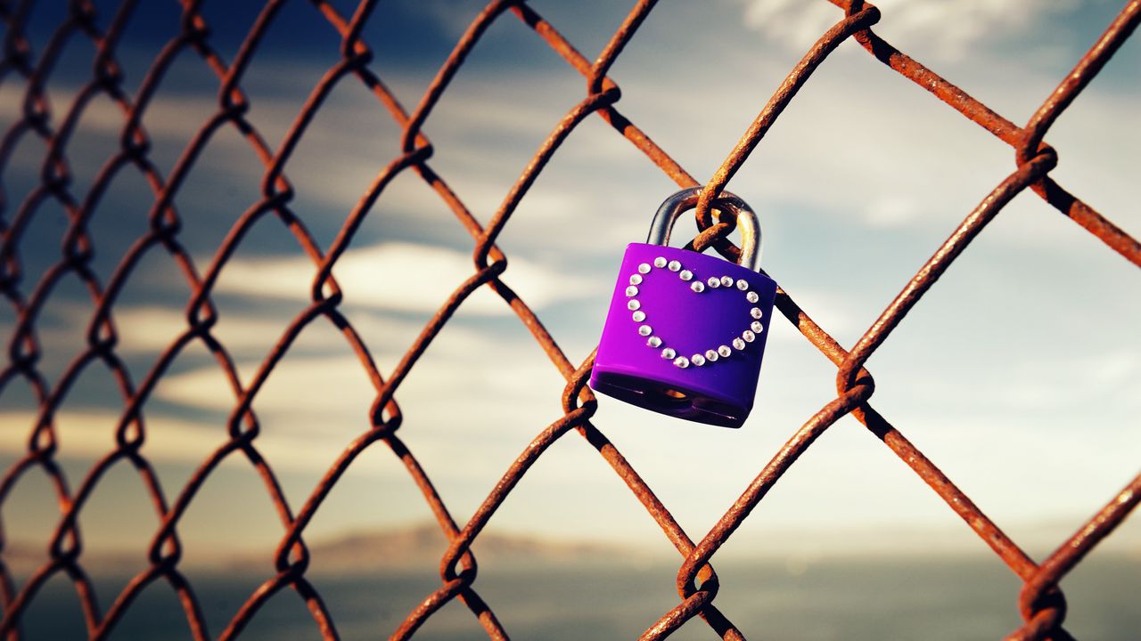 Wallpaper lock, heart, mesh, fence, rust