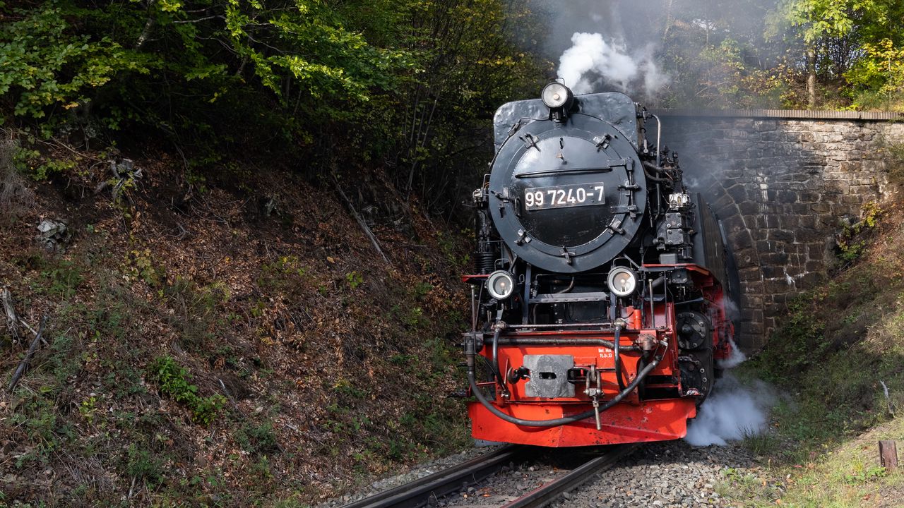 Wallpaper locomotive, smoke, rails, railroad