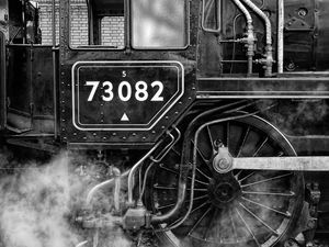 Preview wallpaper locomotive, smoke, wheel, retro, black and white
