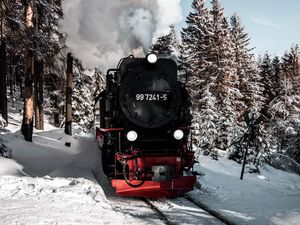 Preview wallpaper locomotive, train, smoke, snow, winter