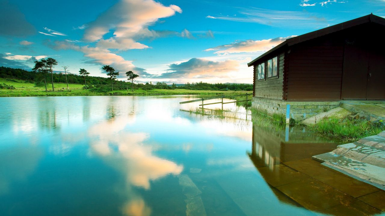 Wallpaper lodge, lake, azure, reflection, sky, tranquillity