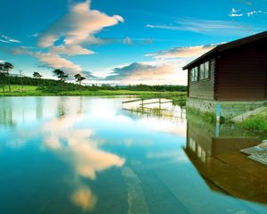 Preview wallpaper lodge, lake, azure, reflection, sky, tranquillity