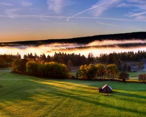 Preview wallpaper lodge, lonely, field, open spaces, green, height, wood, distance, look, fog, sky, lines