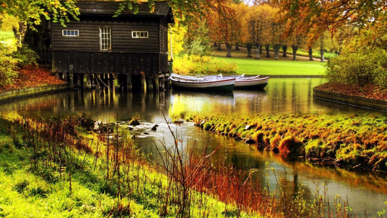 Wallpaper lodge, river, boats, pier, wood, garden, rods, colors