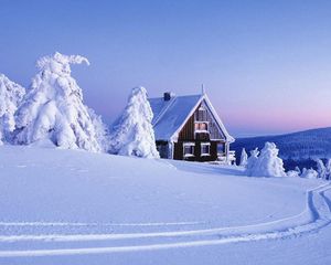 Preview wallpaper lodge, snow, traces, winter, cover, snowdrifts, fir-trees, weight, mountains