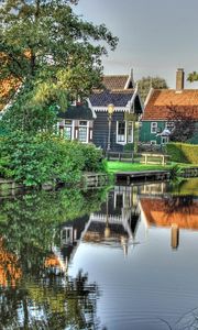 Preview wallpaper lodges, river, dachas, summer, reflection