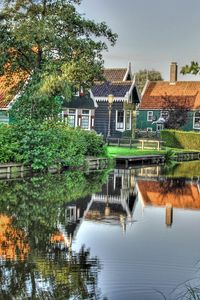 Preview wallpaper lodges, river, dachas, summer, reflection