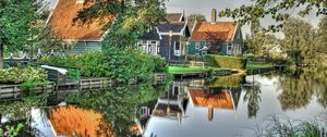 Preview wallpaper lodges, river, dachas, summer, reflection