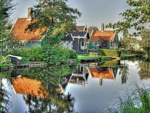 Preview wallpaper lodges, river, dachas, summer, reflection