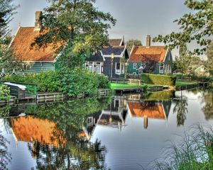 Preview wallpaper lodges, river, dachas, summer, reflection