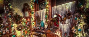 Preview wallpaper lodgings, christmas tree, clock, needles, ornaments, holiday, christmas, attributes