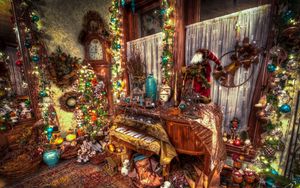 Preview wallpaper lodgings, christmas tree, clock, needles, ornaments, holiday, christmas, attributes