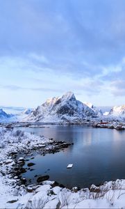 Preview wallpaper lofoten, norway, mountains, lake, winter