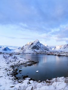 Preview wallpaper lofoten, norway, mountains, lake, winter