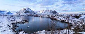 Preview wallpaper lofoten, norway, mountains, lake, winter