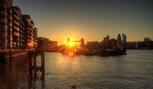 Preview wallpaper london, england, dawn, river, dock, bridge, buildings