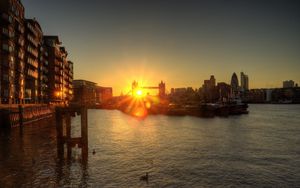 Preview wallpaper london, england, dawn, river, dock, bridge, buildings
