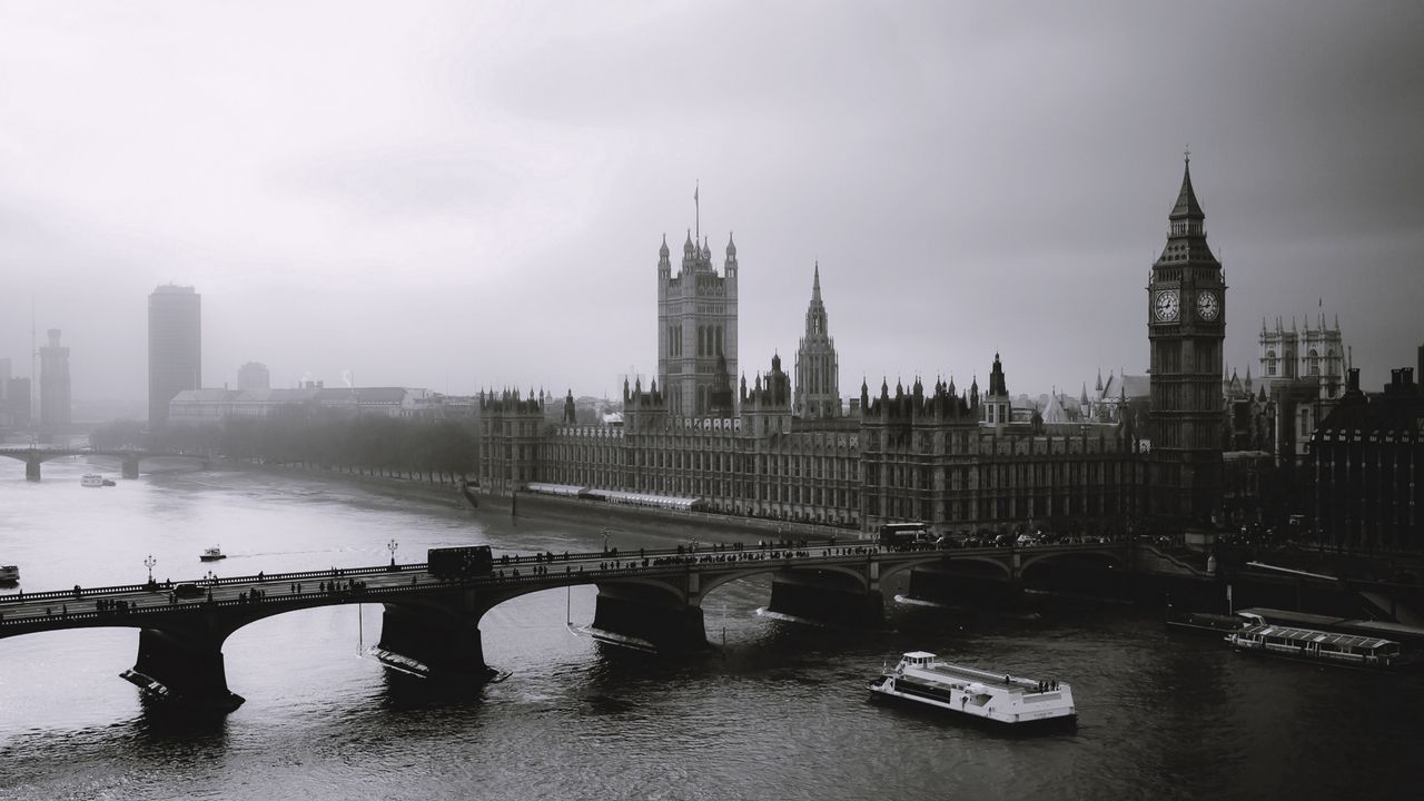 Wallpaper london, mist, river, bridge, big ben, black white