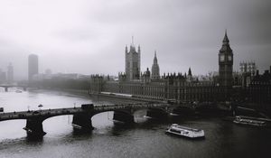 Preview wallpaper london, mist, river, bridge, big ben, black white