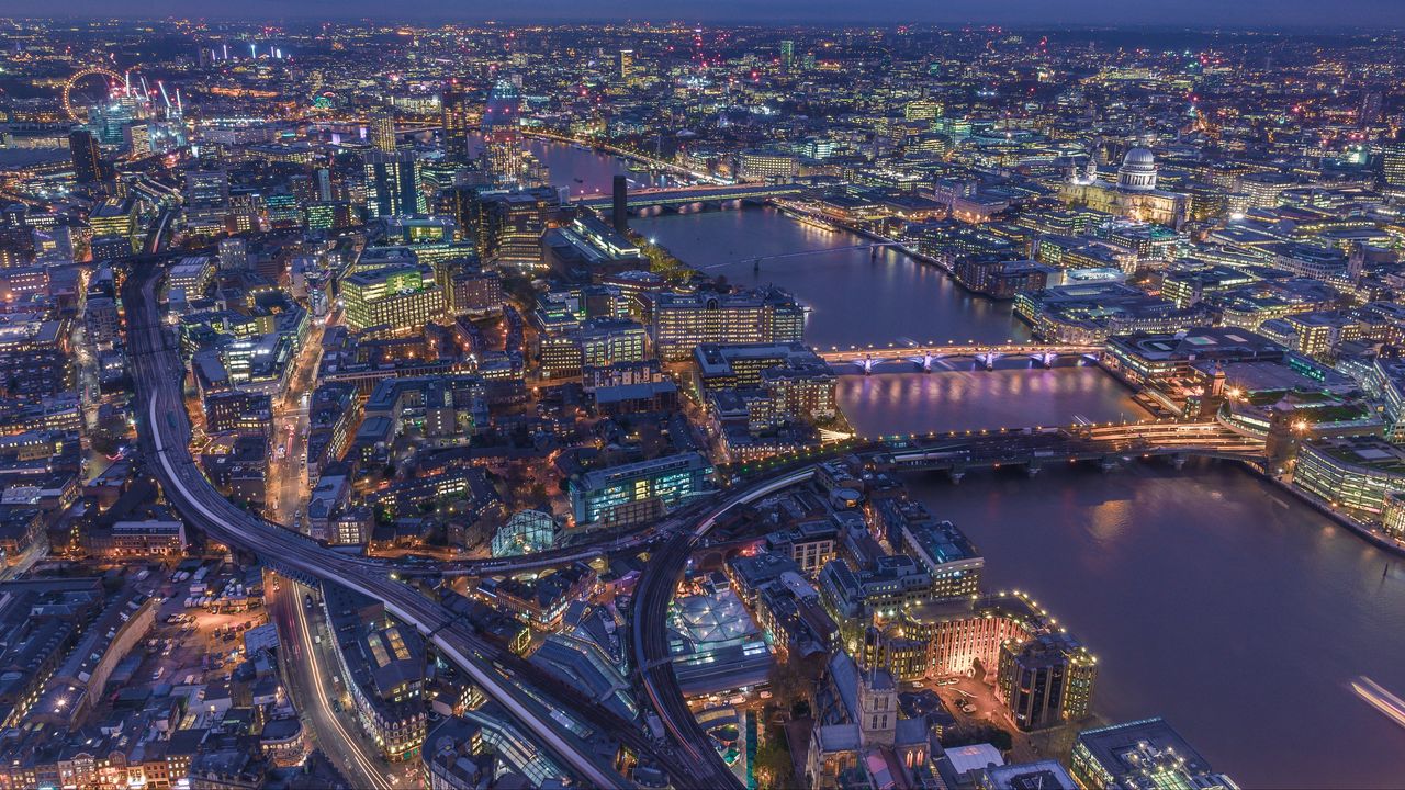 Wallpaper london, united kingdom, night city, top view
