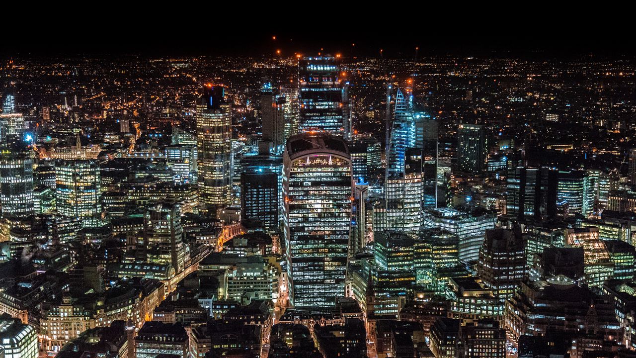 Wallpaper london, united kingdom, skyscrapers, top view, night city
