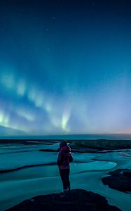 Preview wallpaper loneliness, alone, girl, northern lights, sky