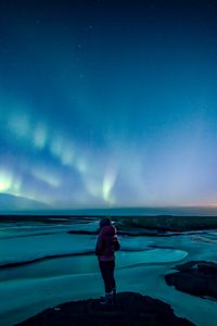 Preview wallpaper loneliness, alone, girl, northern lights, sky