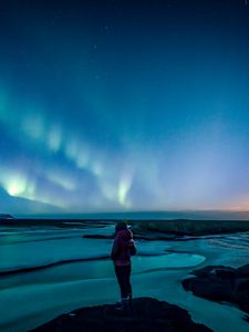 Preview wallpaper loneliness, alone, girl, northern lights, sky