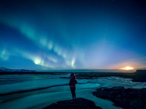 Preview wallpaper loneliness, alone, girl, northern lights, sky