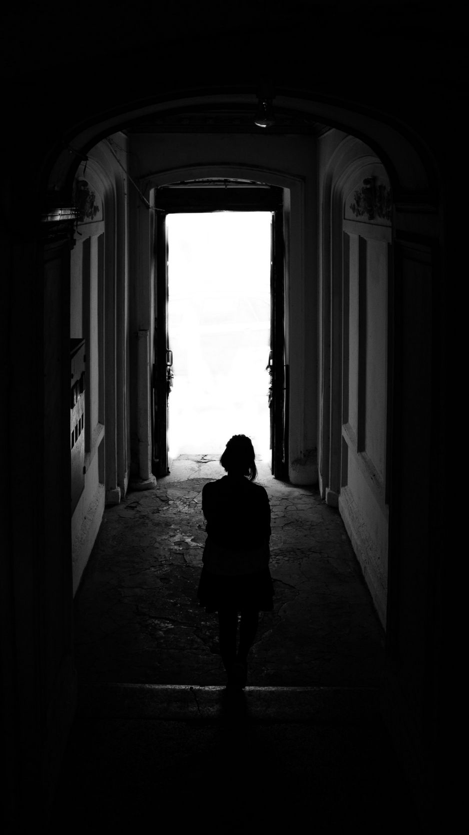 Download wallpaper 938x1668 loneliness, alone, girl, silhouette, dark, black  iphone 8/7/6s/6 for parallax hd background