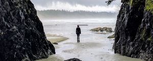 Preview wallpaper loneliness, alone, man, rocks, coast