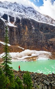 Preview wallpaper loneliness, alone, rocks, snow, snowy, lake