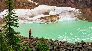 Preview wallpaper loneliness, alone, rocks, snow, snowy, lake