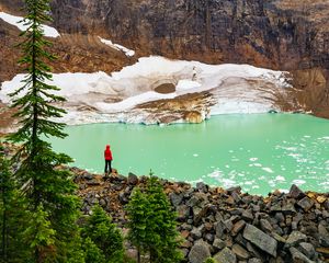 Preview wallpaper loneliness, alone, rocks, snow, snowy, lake