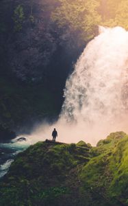 Preview wallpaper loneliness, alone, waterfall, rocks, moss