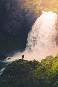 Preview wallpaper loneliness, alone, waterfall, rocks, moss