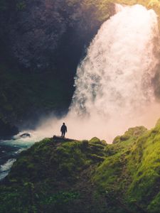 Preview wallpaper loneliness, alone, waterfall, rocks, moss