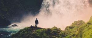 Preview wallpaper loneliness, alone, waterfall, rocks, moss