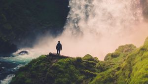 Preview wallpaper loneliness, alone, waterfall, rocks, moss